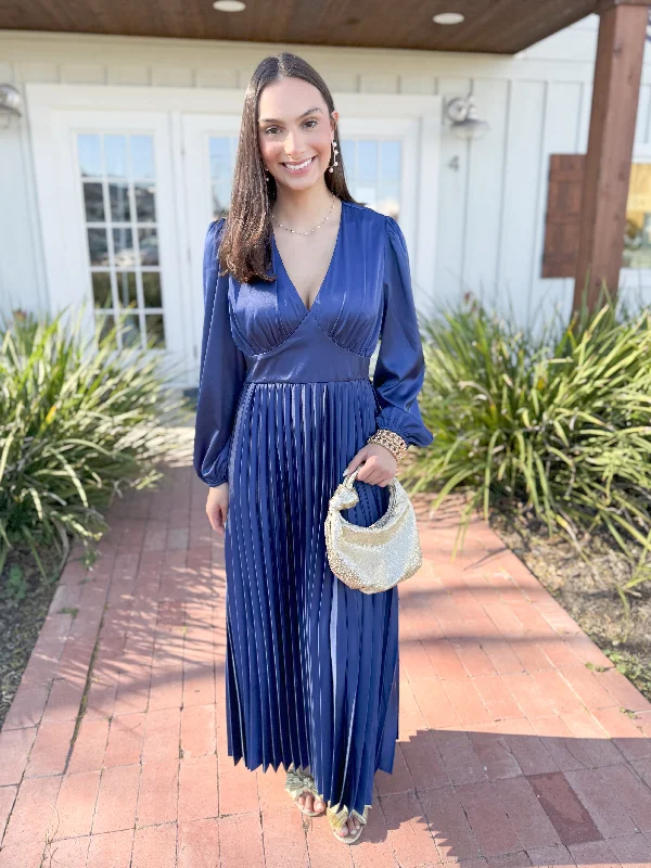 Casual Chic DressThe Roya Pleated Satin Midi Dress-Royal Blue