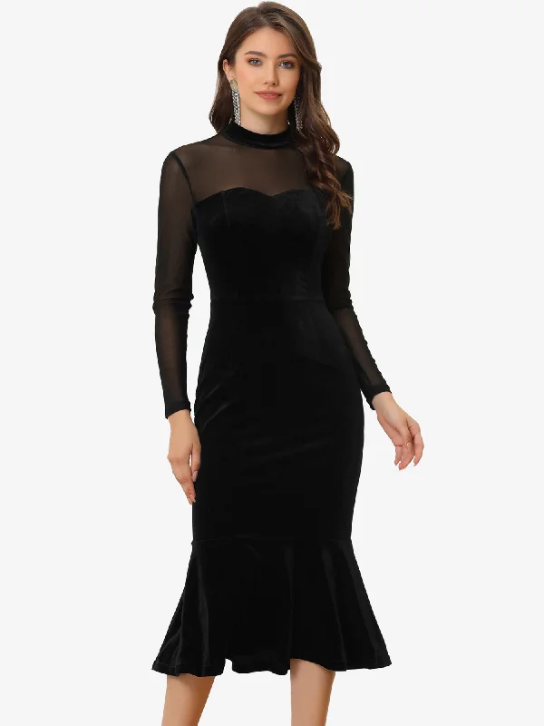 women's fashionable dressesBodycon Elegant Velvet Sheer Mesh Mock Neck Midi Cocktail Dress