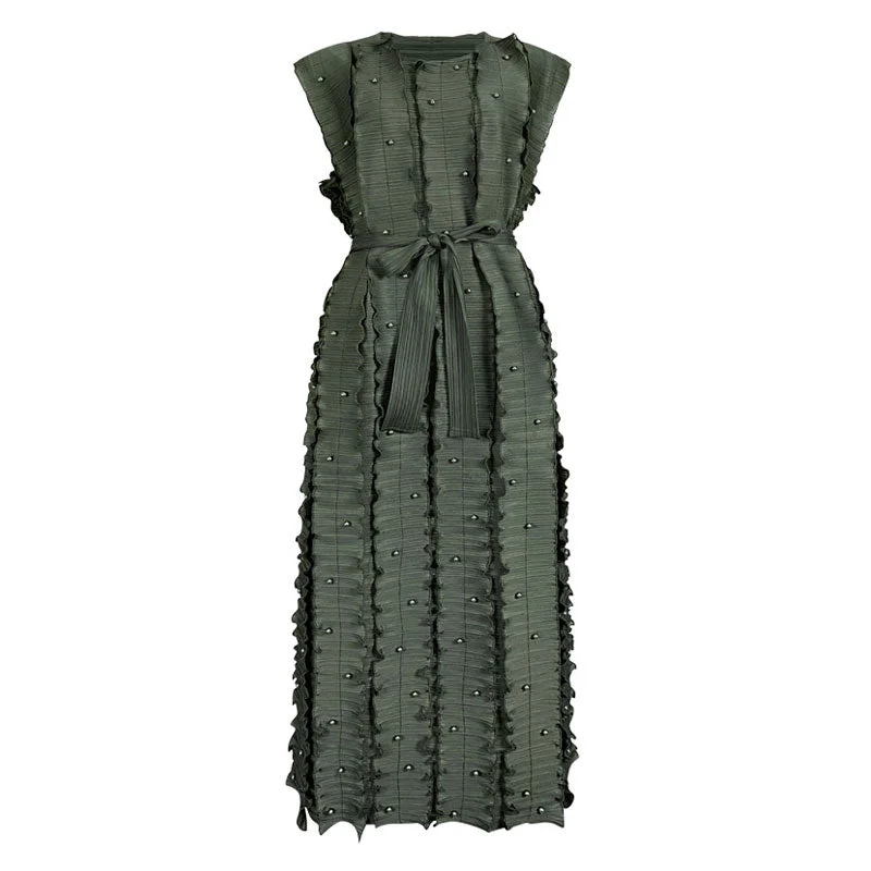 Peter Pan Collar DressWonderful Round Neck Beaded Detail Belted Ruffled Sleeveless Pleated Midi Dress