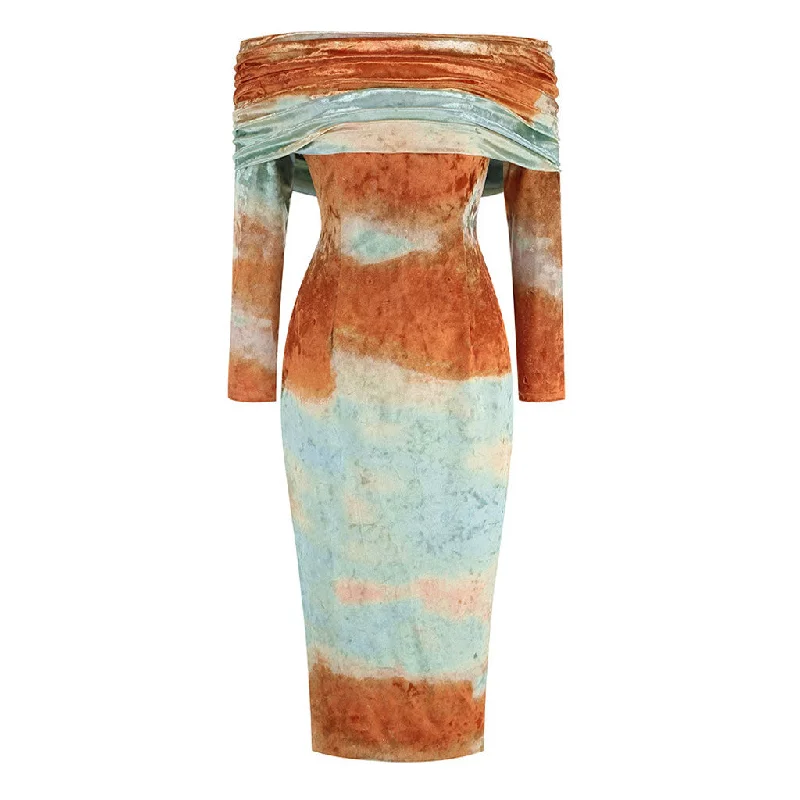 Statement DressMagnificent Tie Dye Foldover Off Shoulder Velvet Bodycon Midi Cocktail Dress