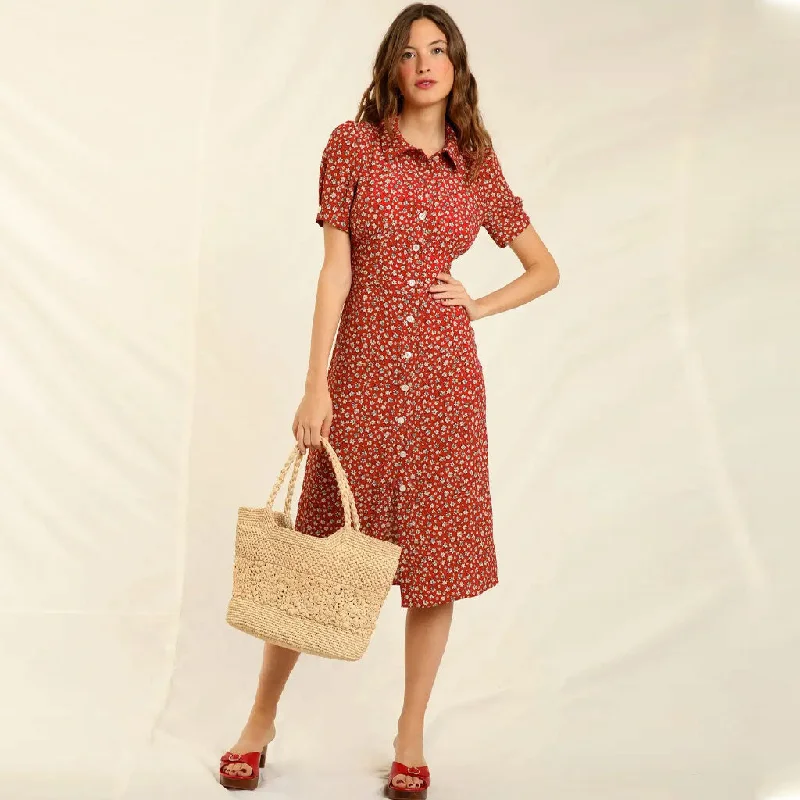 Zip-Up DressVintage Floral Print Collared Button Up Short Sleeve Midi Dress - Red