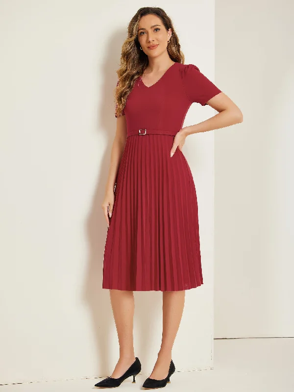 women's vacation dressesV-Neck Short Sleeve Belted A-Line Pleated Midi Dress