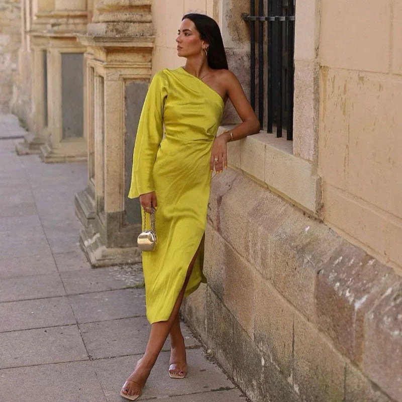 women's lightweight dressesAsymmetric One Shoulder Bell Sleeve Split Midi Dress - Chartreuse Yellow