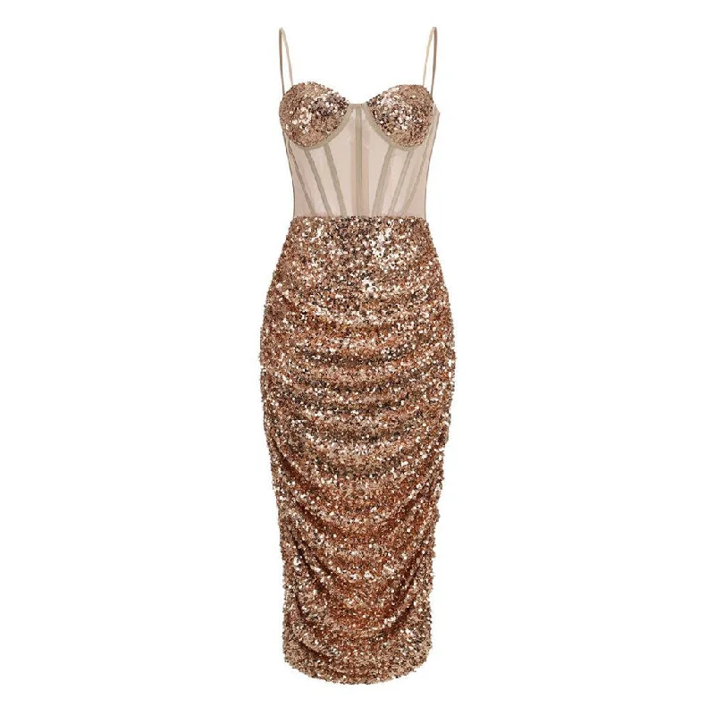 Ribbon DressSemi Sheer Sweetheart Ruched Sequin Split Bodycon Corset Midi Cocktail Dress