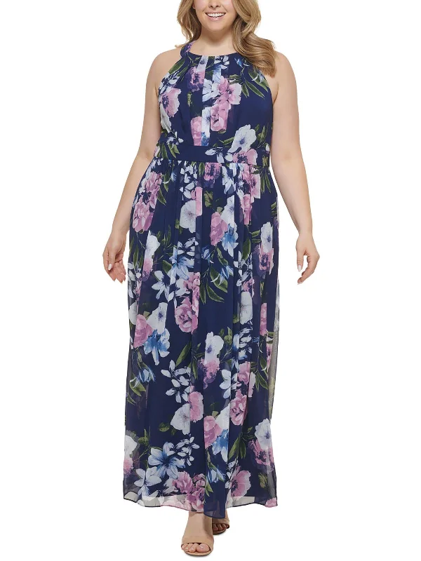 women's designer dressesPlus Womens Floral Halter Maxi Dress