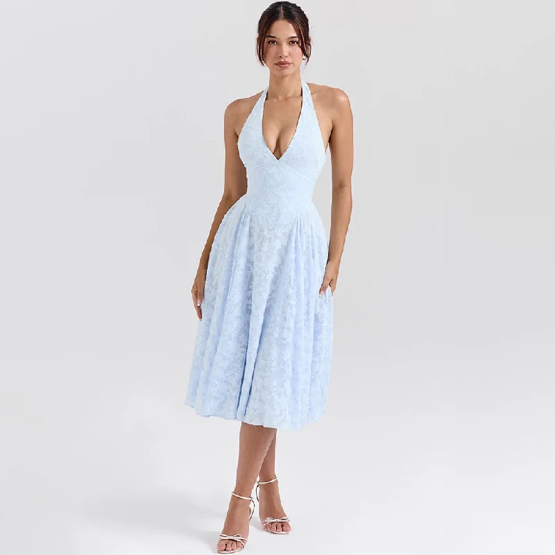 Jersey DressElegant Plunge Halter Sleeveless Drop Waist Floral Jacquard Cocktail Midi Dress