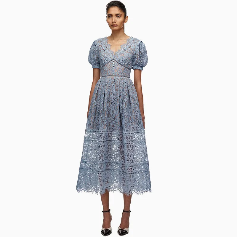 Prom DressElegant Puff Sleeve V Neck Embroidered Lace Midi Dress - Dusty Blue