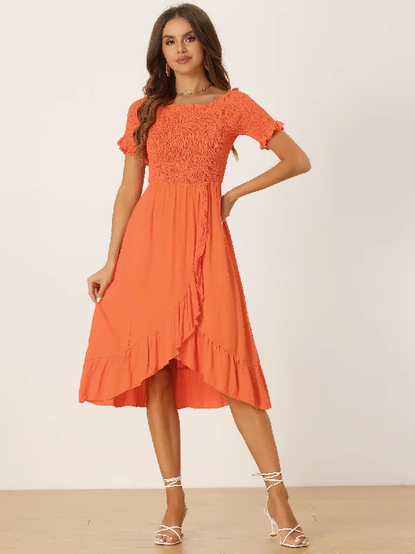 women's designer dressesSummer Shirred Off Shoulder Ruffle Split Hem Midi Dress