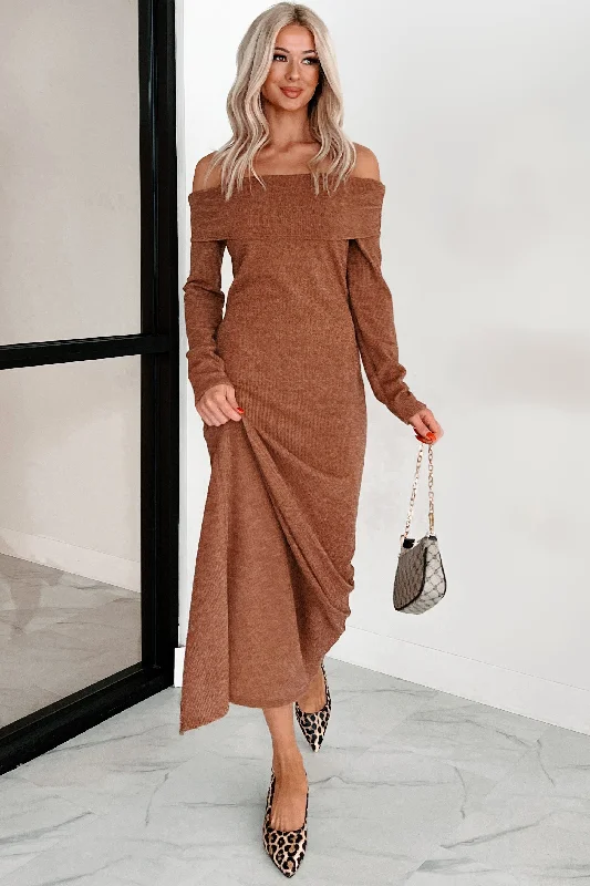 women's spaghetti strap dressesTanya Off The Shoulder Sweater Maxi Dress (Brown)