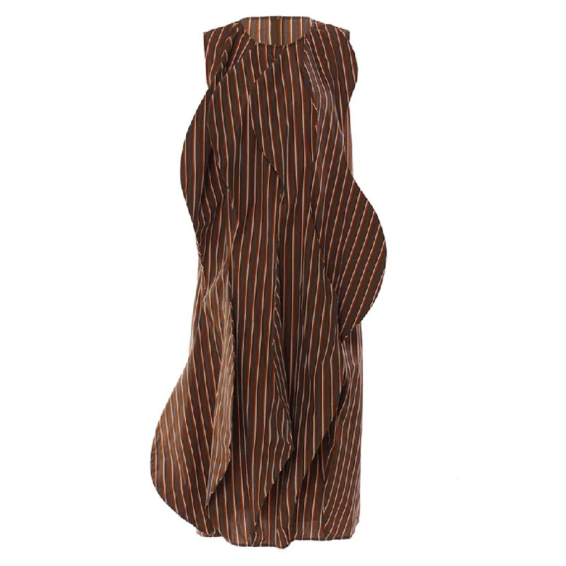 Spaghetti Strap DressRetro 3D Wave Round Neck Vertical Striped Sleeveless Midi Dress