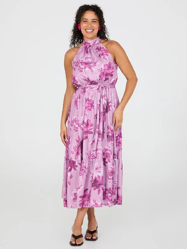 Knit DressFloral Print Halter Neck Satin Maxi Dress