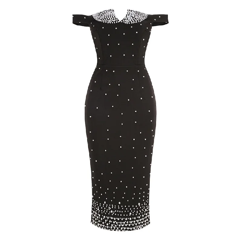 women's denim dressesElegant Off The Shoulder Faux Pearl Embellished Sheath Cocktail Midi Dress