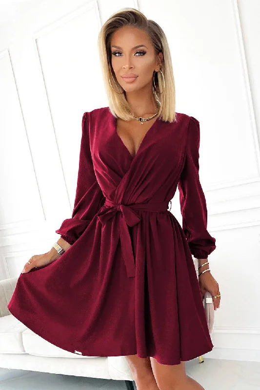 Animal Print DressNumoco 339-3 BINDY Feminine dress with a neckline - Burgundy