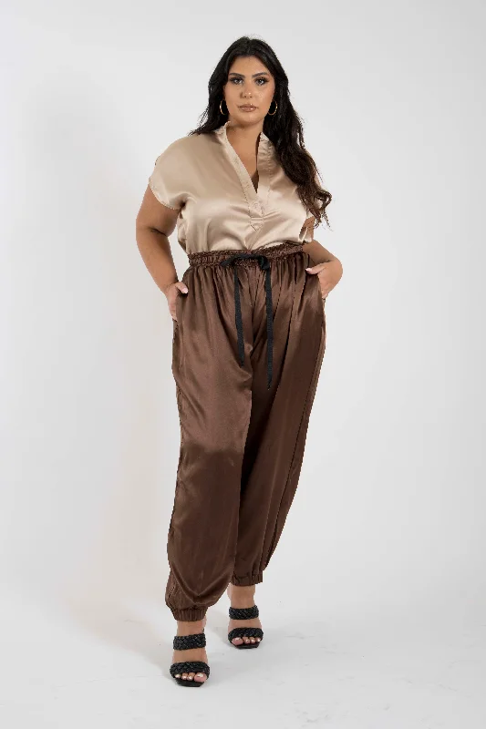 women's wool pantsThe Wardrobe Hero - Italian Silk Jogger Pant in Espresso