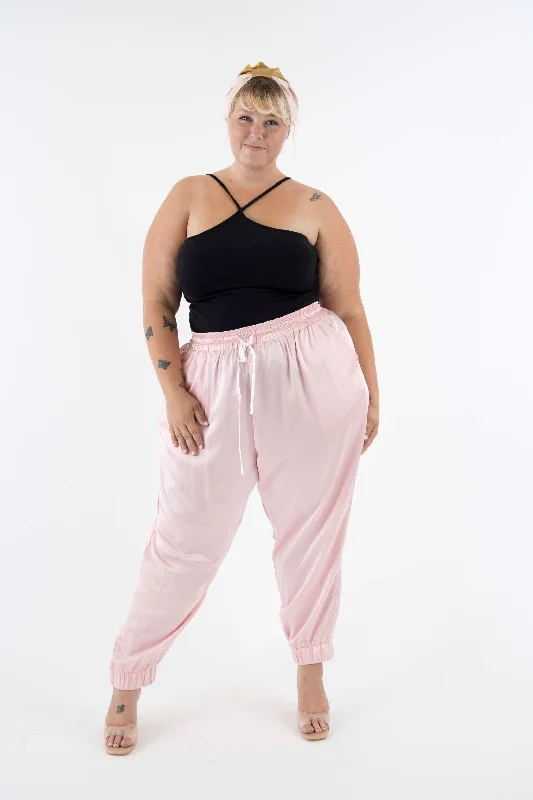 women's cropped pantsThe Wardrobe Hero Italian Silk Jogger Pant with High Waist - Pink