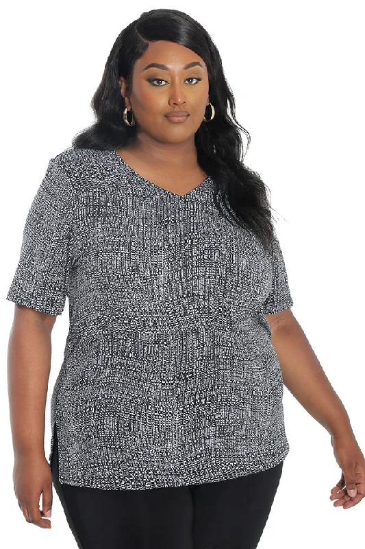 women's casual pantsVikki Vi Jersey Salt & Pepper V-Neck Short Sleeve Tunic