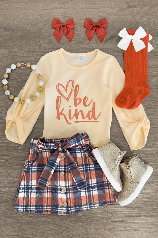 Pastel Dress"Be Kind" Orange Plaid Skirt Set