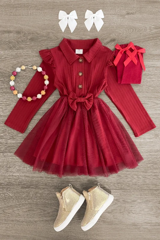 Zip-Up DressBurgundy Tulle Collar Dress