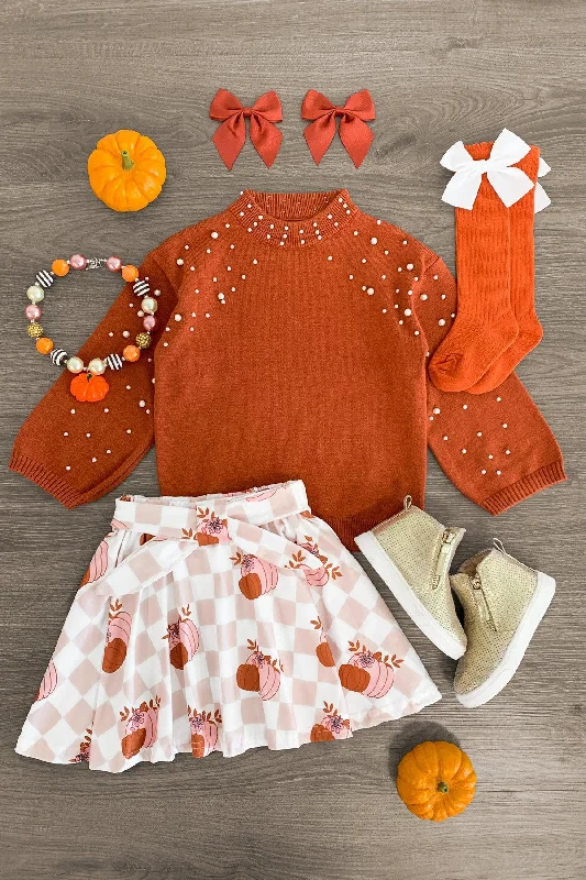 women's apple-shaped body dressesBurnt Orange Pearl Sweater Checkered Pumpkin Skirt Set