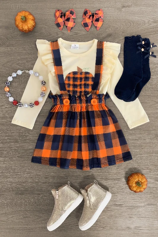 women's flutter-sleeved dressesOrange Plaid Pumpkin Suspender Skirt Set