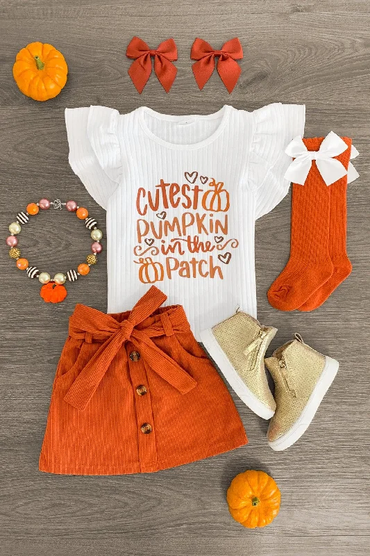 women's glam dresses"Cutest Pumpkin In The Patch" Orange Corduroy Skirt Set