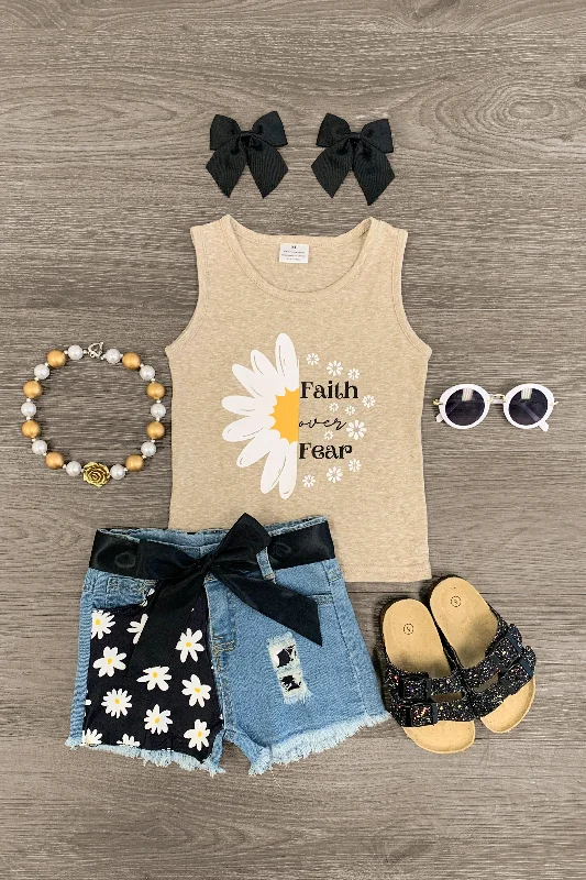 Bow-Tie Dress"Faith Over Fear" Daisy Denim Short Set