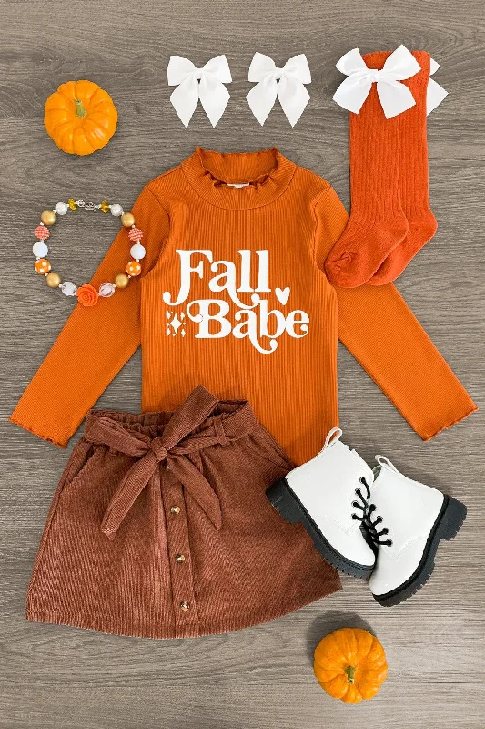 Crepe Dress"Fall Babe" Orange & Brown Corduroy Skirt Set