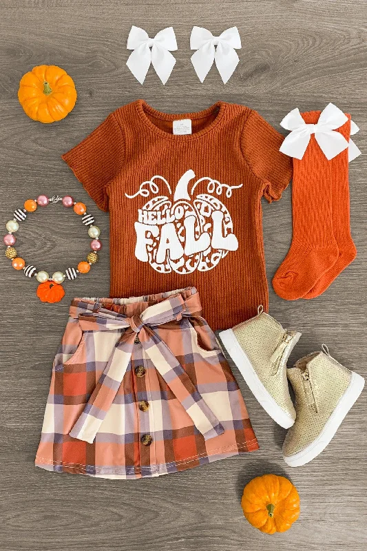 women's empire waist dresses"Hello Fall" Brown & Orange Plaid Skirt Set