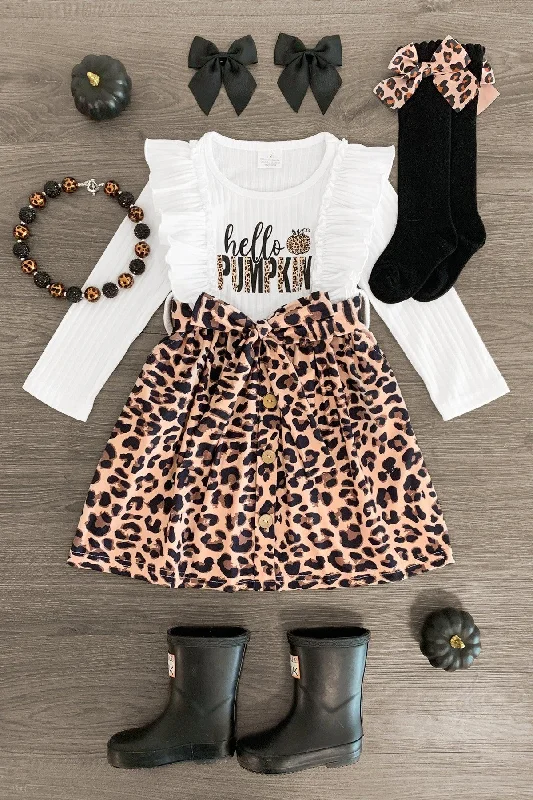 Short-Sleeve Dress"Hello Pumpkin" Leopard Pocket Dress