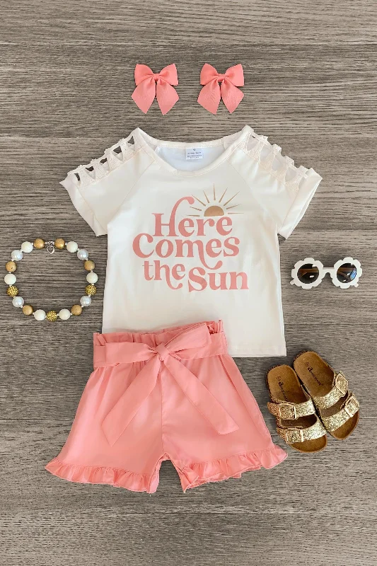 Chic Dress"Here Comes The Sun" Cream & Coral Short Set