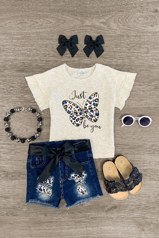 Maternity Dress"Just Be You" Leopard Butterfly Denim Short Set