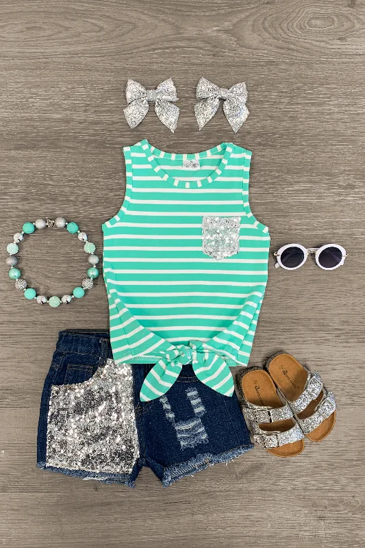 Glitter DressMint Striped Tie Tank Denim Short Set