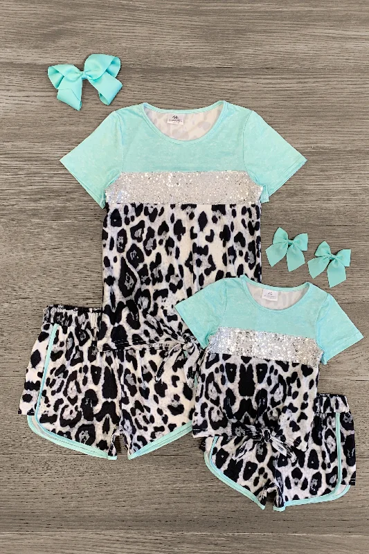 women's formal dressesMom & Me - Mint Sequin Cheetah Lounge Short Set