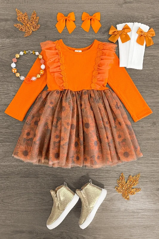 women's pear-shaped body dressesOrange Autumn Sunflower Tulle Dress