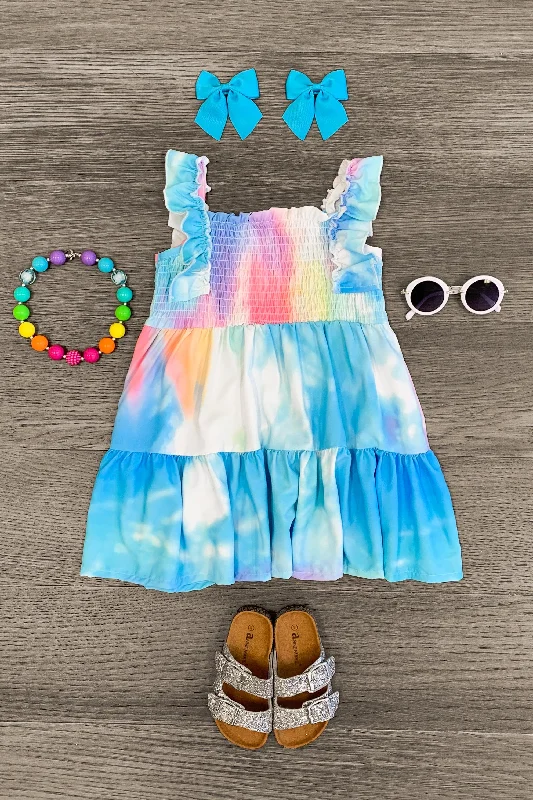 Peter Pan Collar DressBlue & Rainbow Sky Ruffle Dress