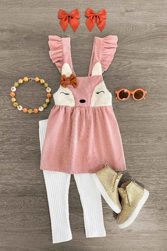 Cut-Out DressPink Corduroy Fox Jumper Dress Set