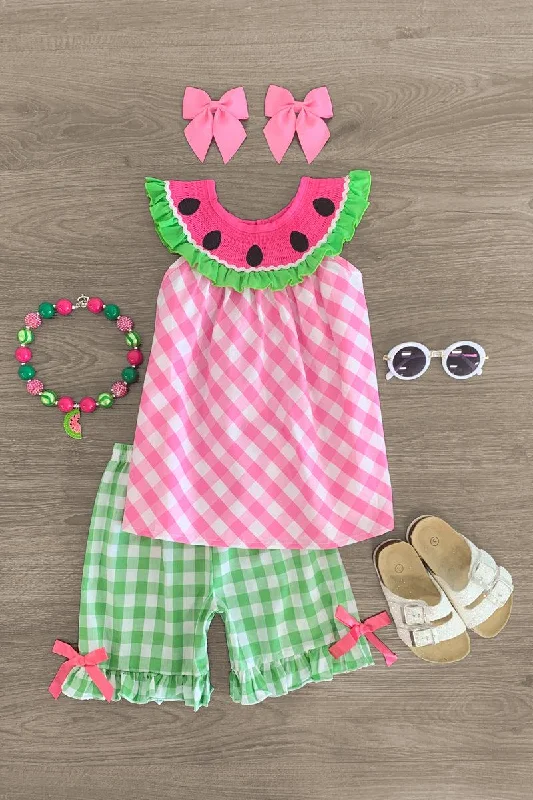 Off-The-Shoulder DressGreen & Pink Gingham Watermelon Short Set