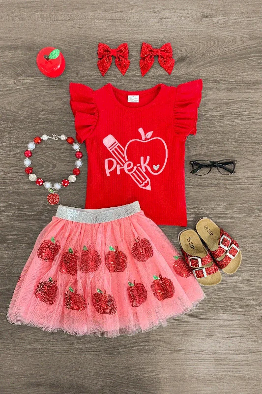 women's hourglass figure dresses"Pre-K - 4th Grade" Pink Apple Tutu Skirt Set