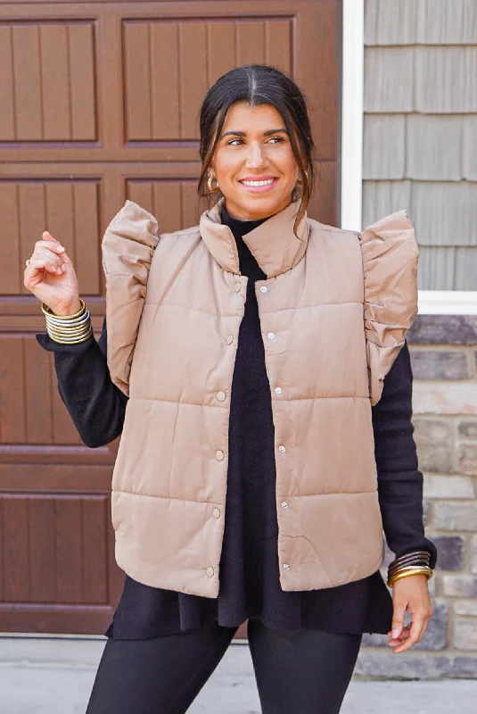 women's lace-up dressesRuffled Puffer Caramel Quilted Vest