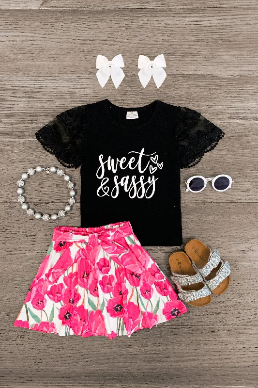 Cheetah Print Dress"Sweet & Sassy" Black & Pink Floral Skirt Set