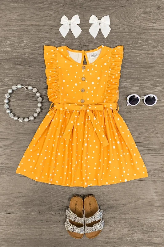 women's bespoke dressesMustard Polka Dot Ruffle Tie Dress