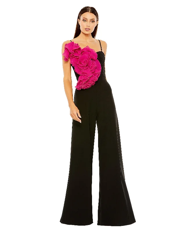 women's jumpsuits with Peter Pan collarsMac Duggal 11767 Long Formal Ruffle Wide Leg Jumpsuit