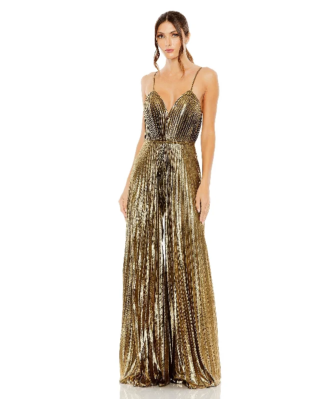 women's jumpsuits for easy dressingMac Duggal 27143 Metallic Pleated Long Jumpsuit