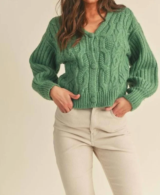 Funky Hooded SweatersCable Knit Puff Sleeve Sweater Cardigan In Rosemary Green