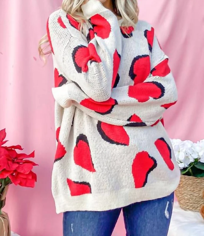 Crewneck SweatersHeart Pattern Knit Sweater Top In Red