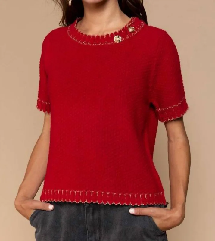 Plus-Size Quick-Dry Soft Knitted SweatersRound Neck With Gold Button Detail Sweater In Ruby