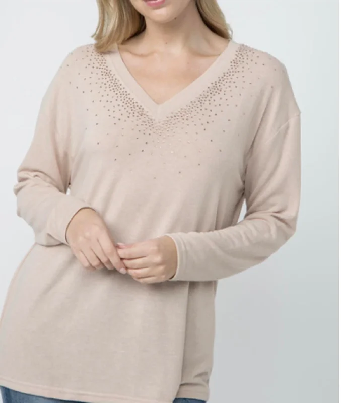 Fitted High-Quality Wool SweatersVneck Long Sleeve Top With Stones On Neckline In Sand